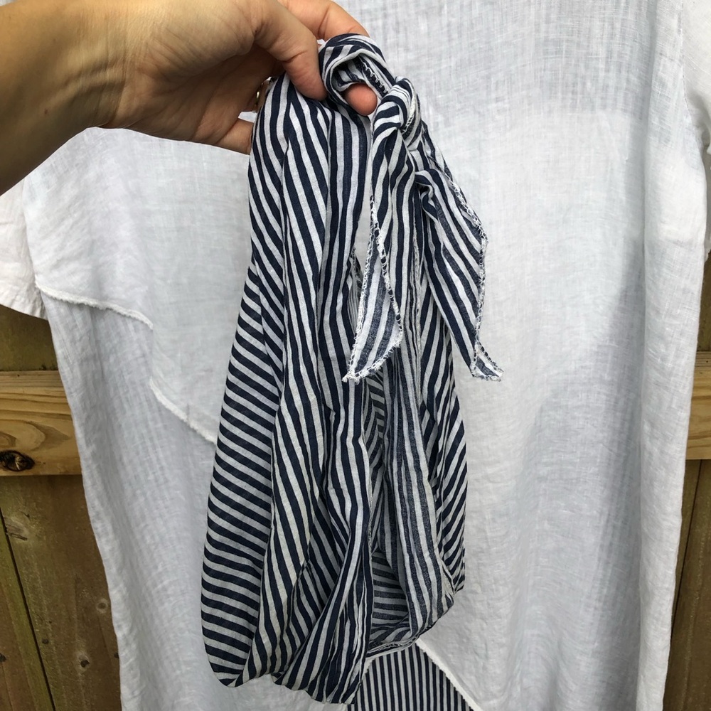 AMO 100% Linen Lagenlook Midi Dress White Navy Stripes Layered Italy with Scarf - Picture 5 of 14